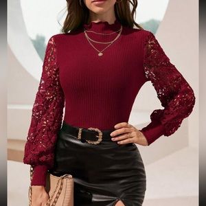 Boho Sheer Mesh Lace Cuff Long Sleeve Ribbed Top Blouse Shirt